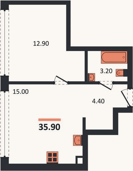 Планировка: 1-к, 35,9 м²