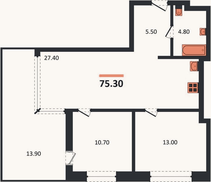 Планировка: 2-к, 75,2 м²