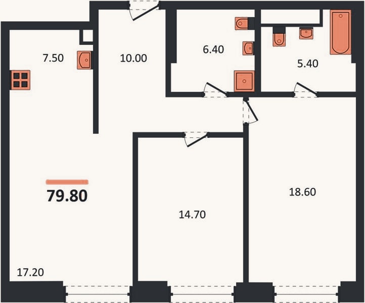 Планировка: 2-к, 79,8 м²