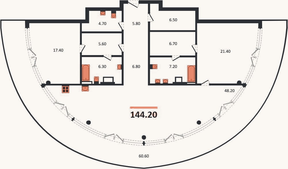 Планировка: 2-к, 144,2 м²