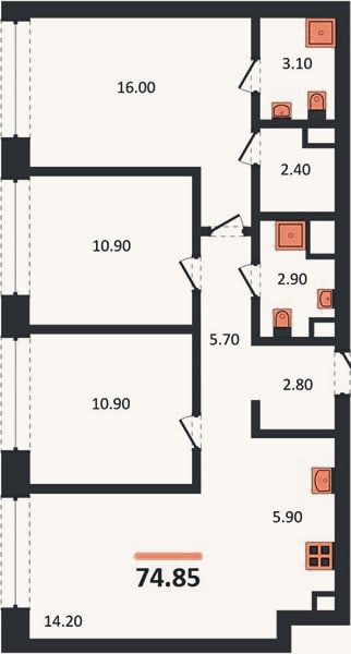 Планировка: 3-к, 74,9 м²