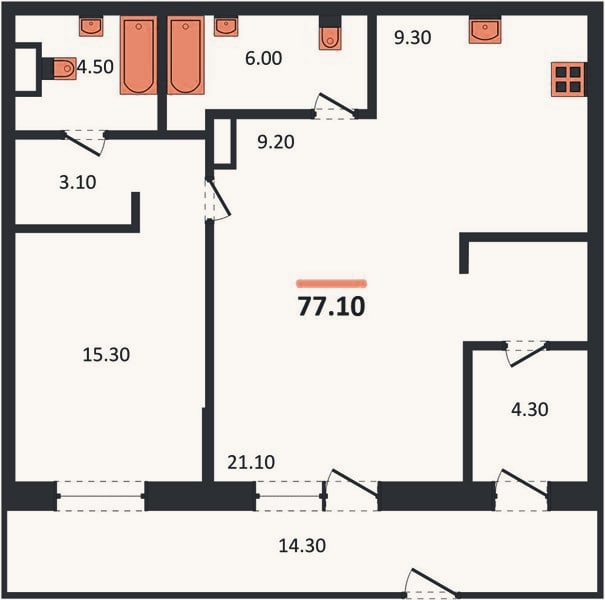 Планировка: 1-к, 77,1 м²