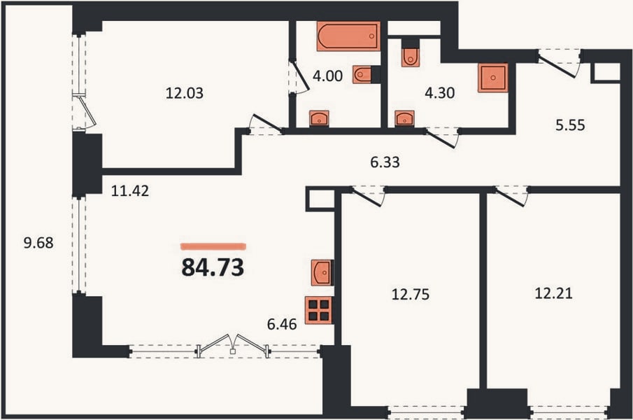Планировка: 3-к, 84,7 м²