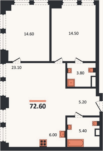 Планировка: 2-к, 72,6 м²