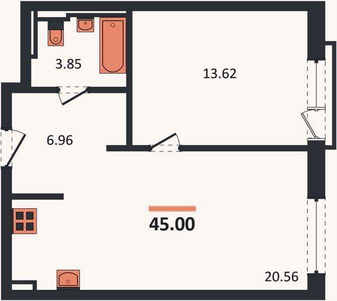 Планировка: 1-к, 45 м²