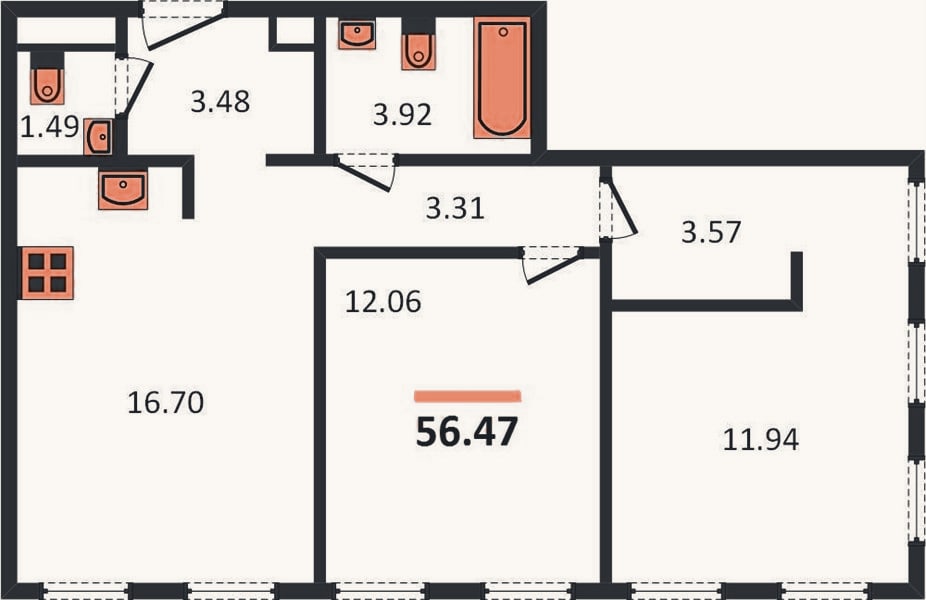 Планировка: 2-к, 56,5 м²