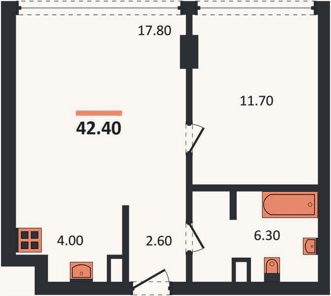 Планировка: 1-к, 42,4 м²