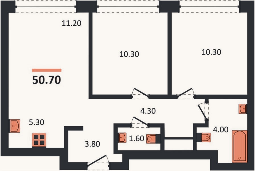Планировка: 2-к, 50,7 м²