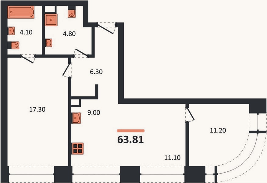 Планировка: 2-к, 63,8 м²