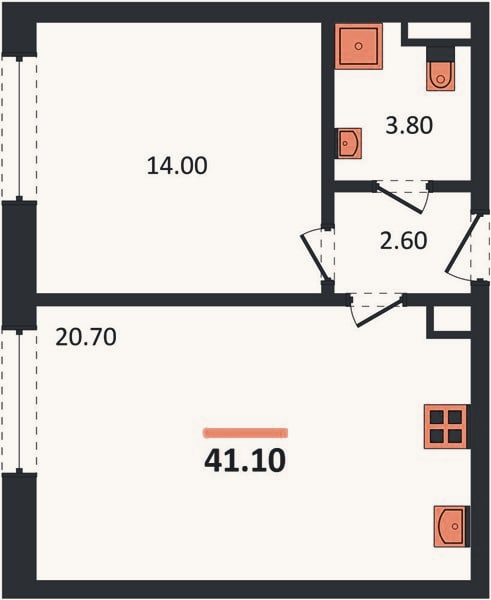 Планировка: 1-к, 41,1 м²