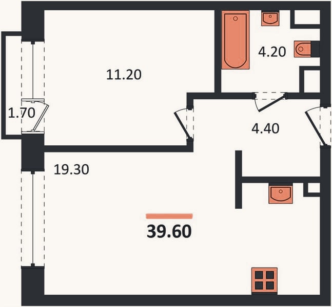 Планировка: 1-к, 39,6 м²