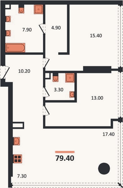 Планировка: 2-к, 79,4 м²