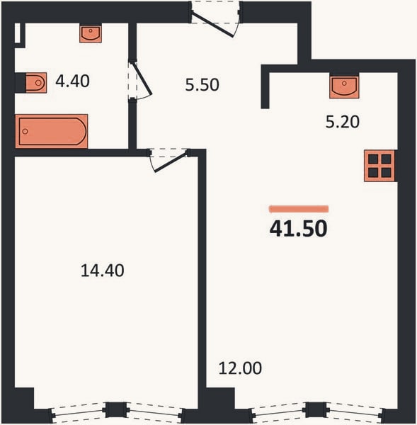 Планировка: 1-к, 41,5 м²