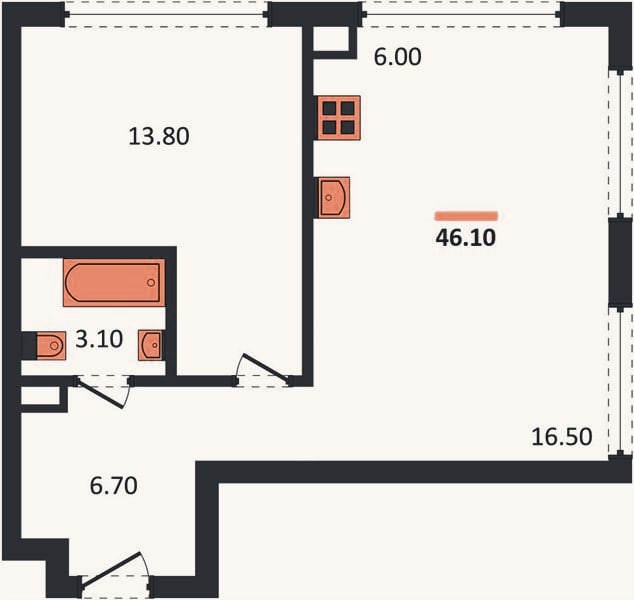 Планировка: 1-к, 46,1 м²