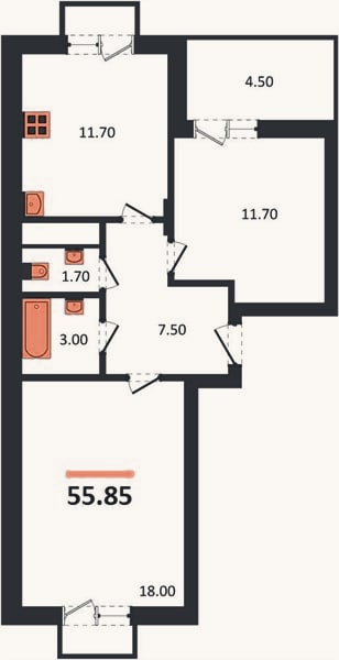 Планировка: 2-к, 55,9 м²