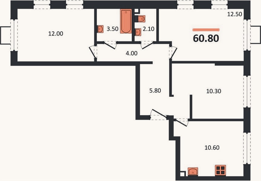 Планировка: 3-к, 60,8 м²