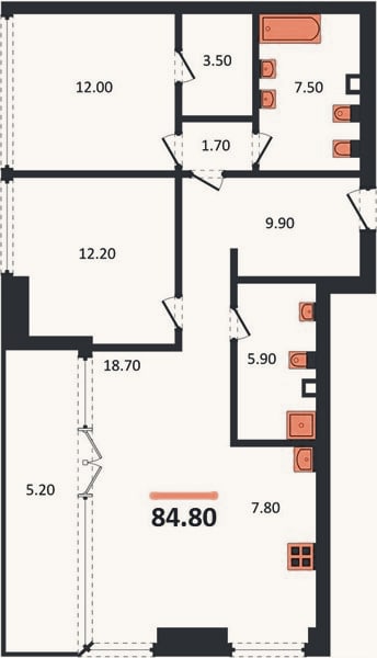 Планировка: 2-к, 84,8 м²