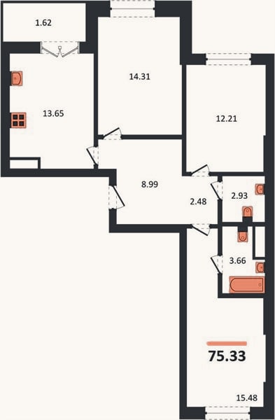 Планировка: 3-к, 75,3 м²