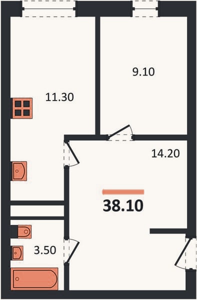 Планировка: 1-к, 38,1 м²