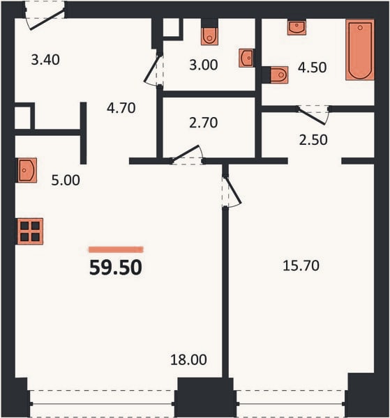 Планировка: 1-к, 59,5 м²