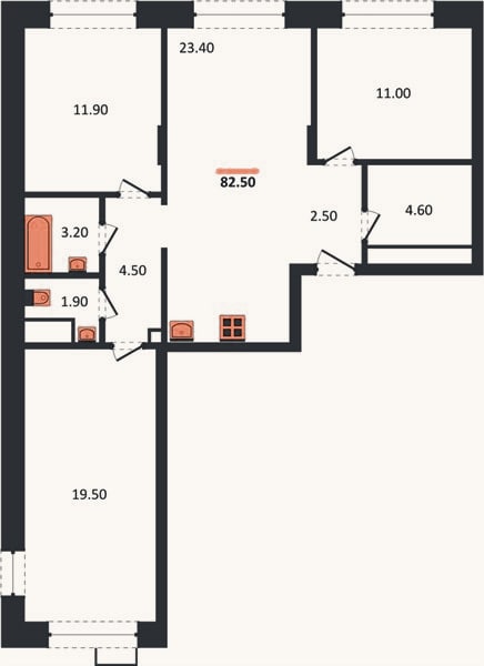 Планировка: 3-к, 82,5 м²