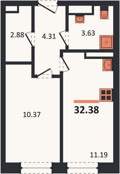 Планировка: 1-к, 32,4 м²