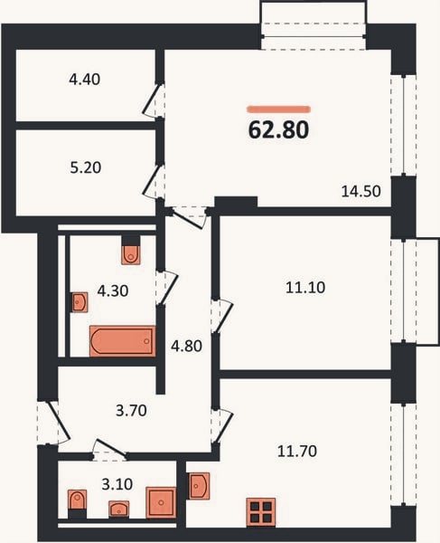 Планировка: 2-к, 62,8 м²