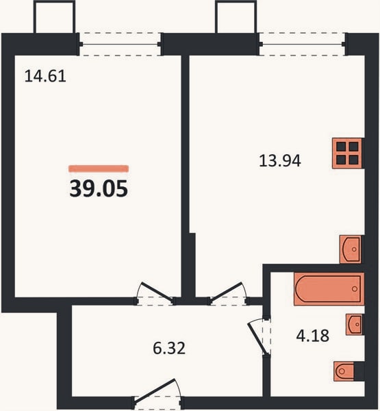 Планировка: 1-к, 39,1 м²