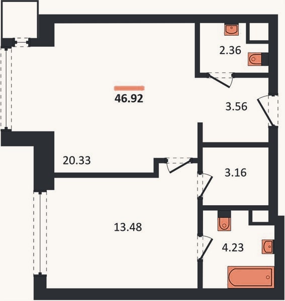 Планировка: 1-к, 46,9 м²