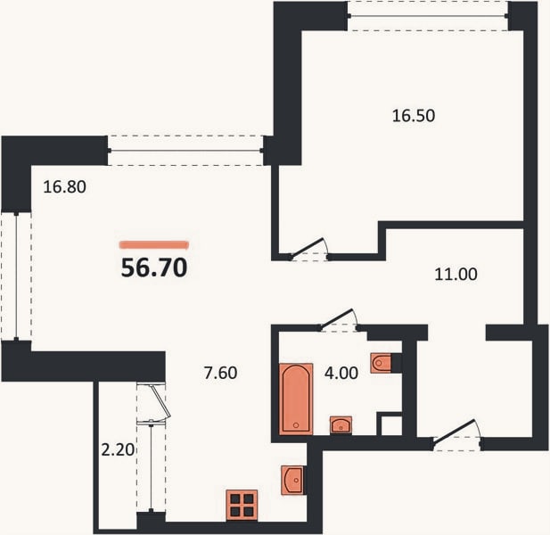 Планировка: 1-к, 56,7 м²