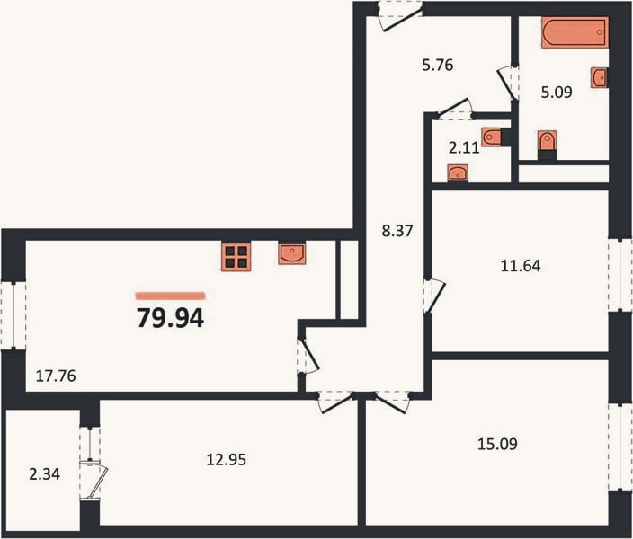 Планировка: 3-к, 79,9 м²