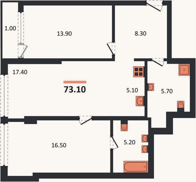 Планировка: 2-к, 73,1 м²