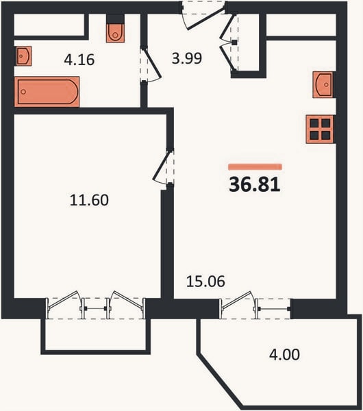 Планировка: 1-к, 36,8 м²