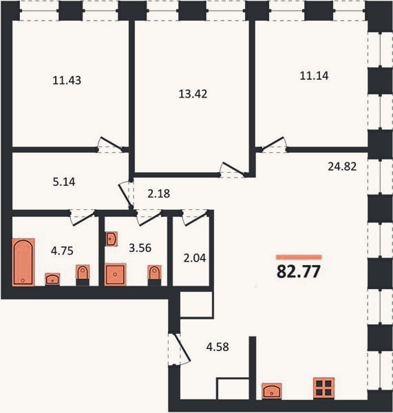 Планировка: 3-к, 82,8 м²