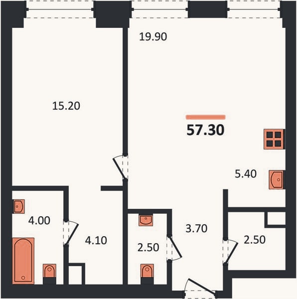 Планировка: 1-к, 57,3 м²