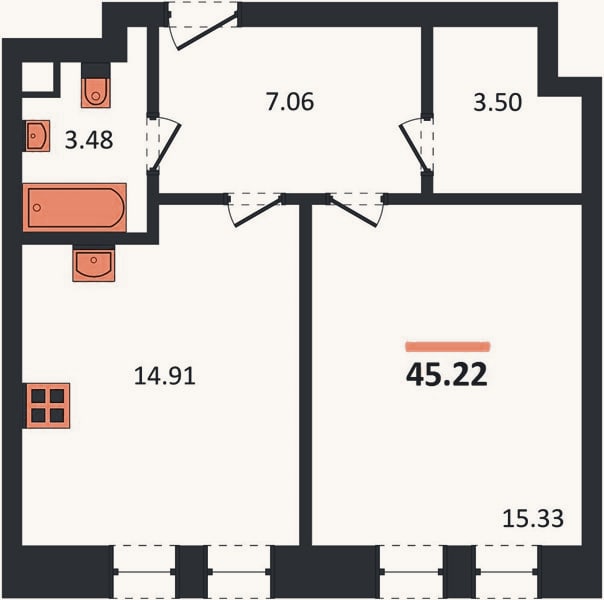 Планировка: 1-к, 45,2 м²