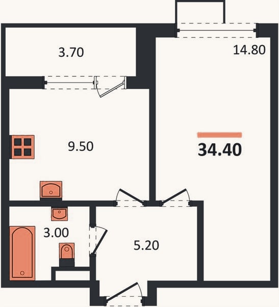 Планировка: 1-к, 34,4 м²