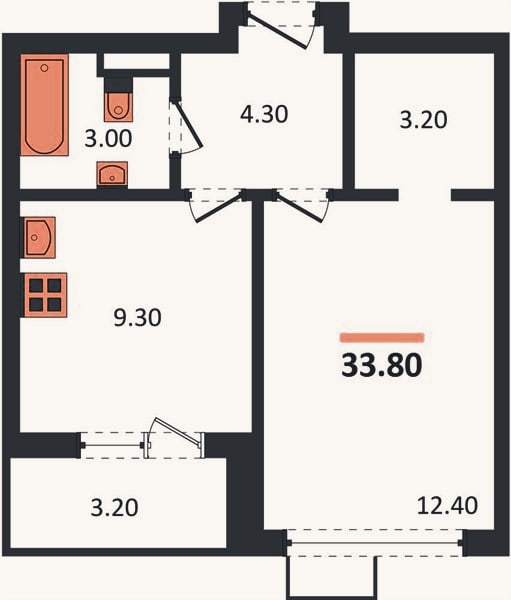 Планировка: 1-к, 33,8 м²