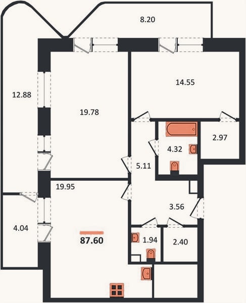 Планировка: 2-к, 87,6 м²