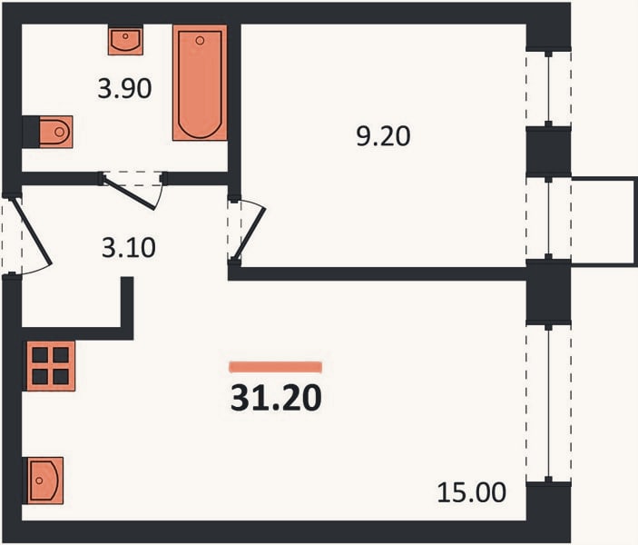 Планировка: 1-к, 31,6 м²