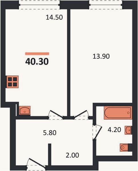 Планировка: 1-к, 40,4 м²