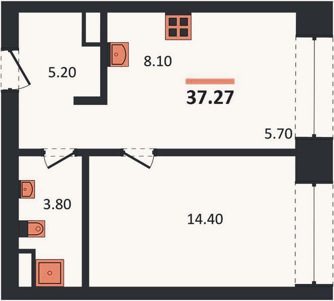 Планировка: 1-к, 36,2 м²
