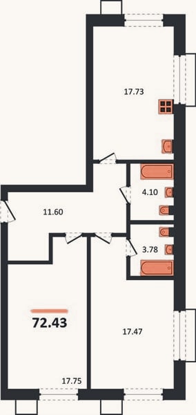 Планировка: 2-к, 72,4 м²