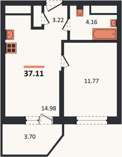 Планировка: 1-к, 36 м²