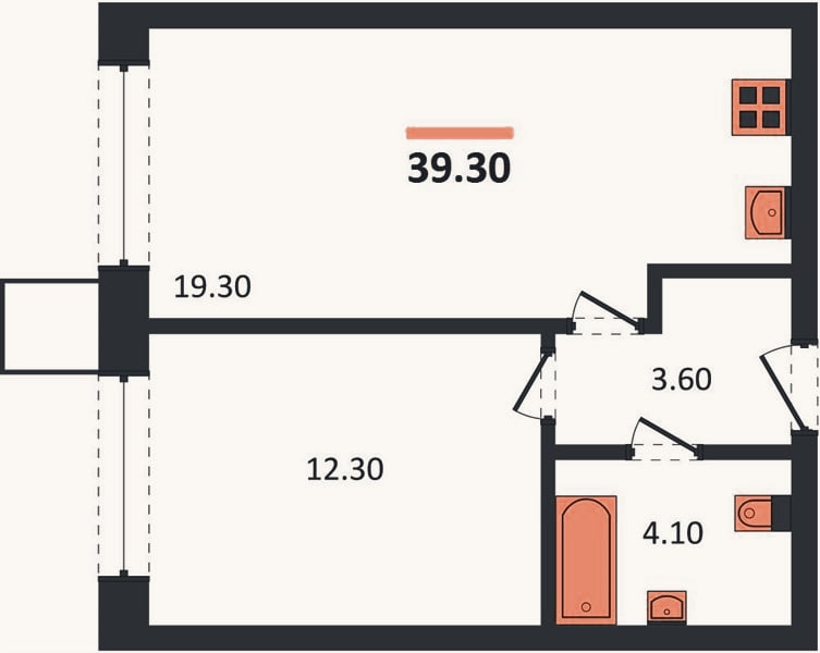 Планировка: 1-к, 39,3 м²