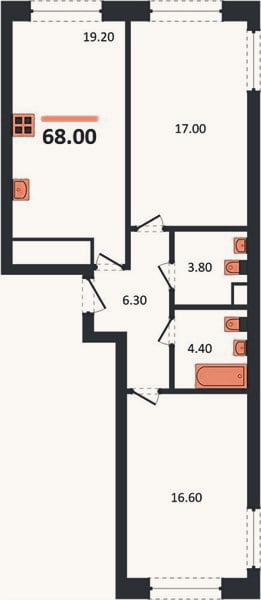 Планировка: 2-к, 68 м²