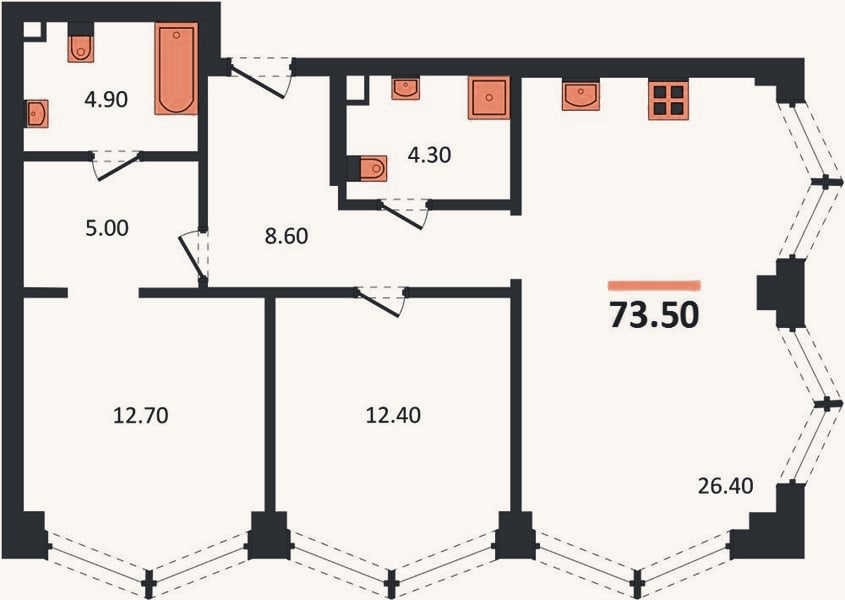 Планировка: 2-к, 73,5 м²