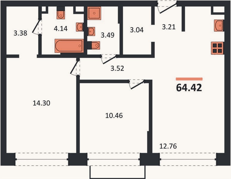 Планировка: 2-к, 64,4 м²
