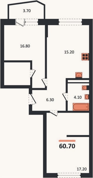 Планировка: 2-к, 60,7 м²