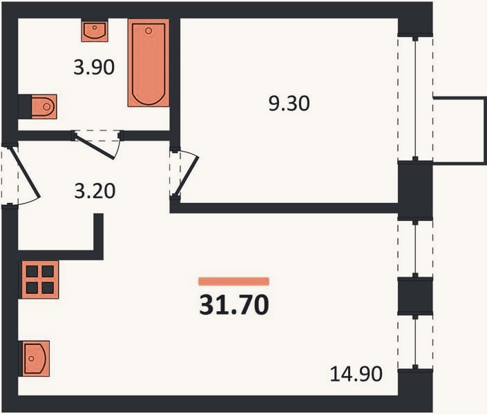 Планировка: 1-к, 31,7 м²
